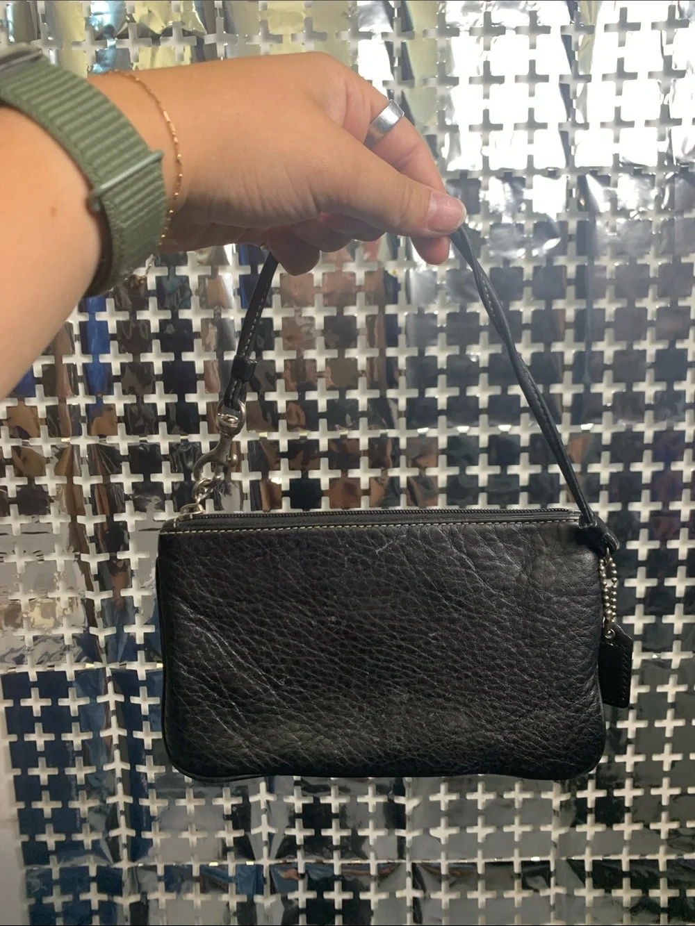 Coach Black Leather Wristlet with Contrast Stitching
